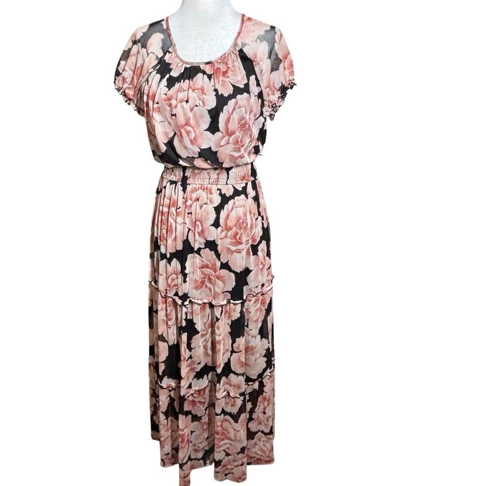 Stella & Julie Dark Floral Mesh Tiered Smock Maxi Dress 6 Romantic Fairy Grunge